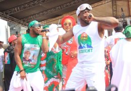 CROWD WOW  PETER OBI'S WIFE AS SHE JOINS P SQUARE ON STAGE TO CAMPAIGN FOR HER HUSBAND