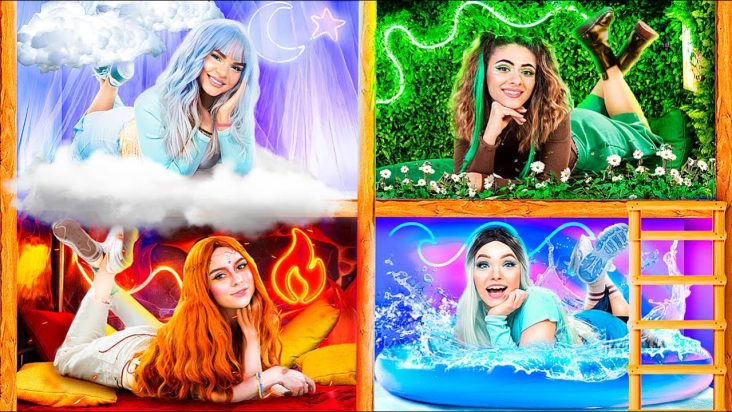 Four Elements Build a Bunk Bed! Fire Girl, Water Girl, Air Girl and Earth Girl